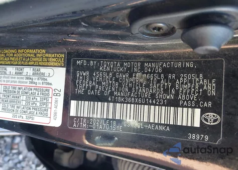 2006 Toyota Avalon Touring from USA, damaged, VIN 4T1BK36BX6U144231